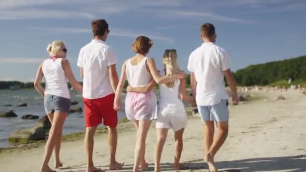 Група друзів гуляють на пляжі в сонячний день. — стокове відео