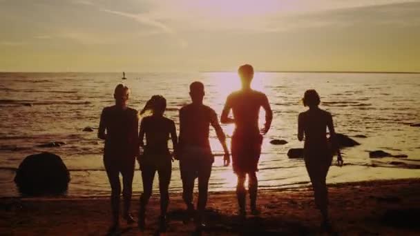 Groupe de jeunes gens courent dans l'eau dans la lumière du coucher du soleil — Video