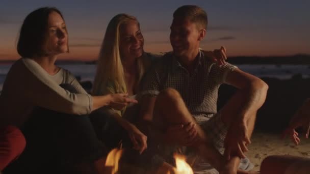 Group of People near Campfire have Conversation at Night — Stock Video