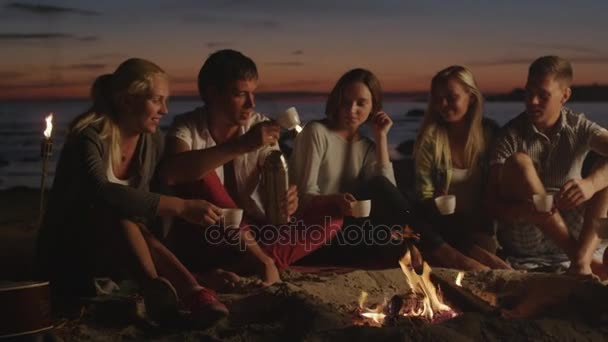 Gruppo di persone stanno bevendo Hot Tee vicino a Campfire di notte . — Video Stock