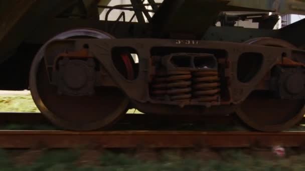 Shot of Moving Freight Train Wheels. — Stock Video