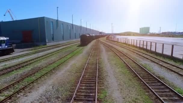 Aerial Drone Shot of Moving Freight Train in Cargo Railway Station — Stock Video
