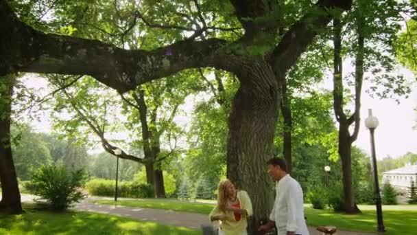 Happy dospělý pár mluvit poblíž stromu v parku — Stock video