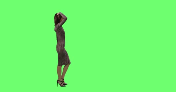 Glamorous Morena Feminino em um vestido apertado Gracefully Walking em uma tela verde Mock-up no fundo . — Vídeo de Stock