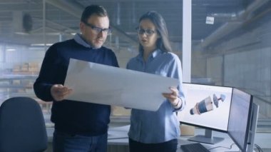 Kadın mühendis ve erkek Şef Mühendis iş planları ile. Masaüstü bilgisayar gösteriyor 3d türbin / motor modeli.