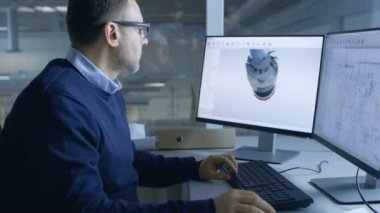 Şef erkek üzerinde büyük teknik çalışan mühendis proje oluşturma 3d türbin / motoru onun kişisel bilgisayar modeli. O ofis pencere büyük fabrika Cad Software.Out kullandığı görülür.