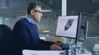 Kıdemli erkek mühendis çalışıyor 3d türbin / motoru tasarım Cad yazılım yardımı ile kendi kişisel bilgisayarında. Arka planda gördüğümüz büyük fabrika.