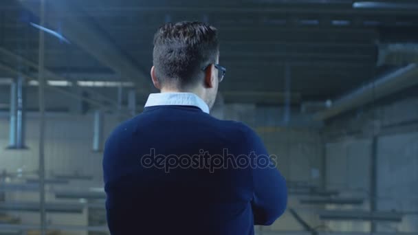 Factory Owner Looks out of His Window Office Seeing His Industrial Plant. — Stock Video