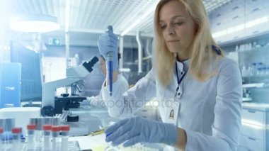 Kadın araştırma bilim adamı Micropipette dolum Test tüpleri büyük bir Modern laboratuvar olarak kullanır. Arka plan bilim adamları çalışıyoruz.