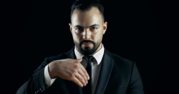 Talented Young Magician in a Dark Suit Performs Throwing/ Shooting Real Fire Ball Trick. — Stock Video