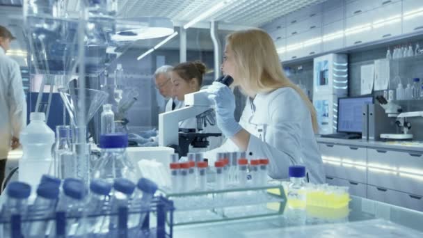 Female Research Scientist Looks at Biological Samples Under Microscope (en inglés). Ella y sus colegas trabajan en un gran laboratorio moderno / centro médico . — Vídeos de Stock