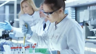 Takım kişisel bilgisayar ile çalışma, Test deneme yeni nesil uyuşturucu veri analiz ve Test tüpleri doldurmak için Micropipette kullanarak araştırma bilim adamı. Onlar iş Modern bir laboratuvar / Tıp Merkezi.