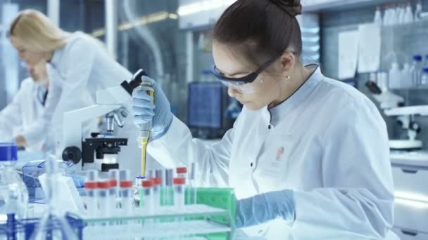 Female Research Scientist utiliza tubos de prueba de llenado de micropipetas en un gran laboratorio moderno. En segundo plano Los científicos están trabajando . — Vídeos de Stock