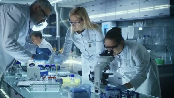 Team of Medical Research Scientists Work on a New Generation Disease Cure. They use Microscope, Test Tubes, Micropipette and Writing Down Analysis Results. Laboratory Looks Busy, Bright and Modern. — Stock Video