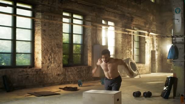 근육 질의 벗은 맞는 남자 정력적으로 상자 점프 부분의 교차 피트 니스 훈련 프로그램을 하 고 하드 코어 체육관에서. 남자는 강렬한 운동 등이 희미하게 땀이 / 운동, 체육관에서 산업 공장 위치. — 비디오
