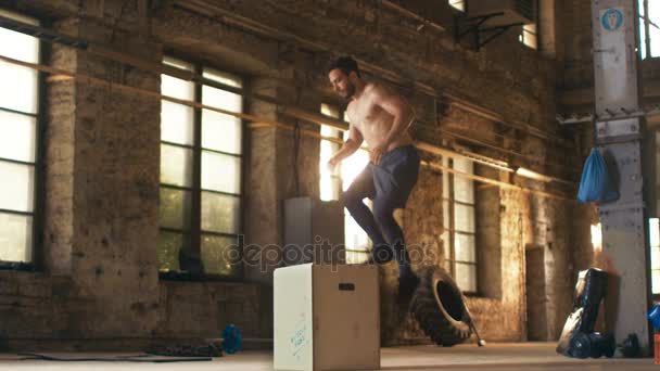 Muscolare Shirtless Fit Man Energeticamente Box Jumps in Hardcore Gym facendo parte del suo piano di allenamento Cross Fitness. L'uomo è sudato dall'allenamento intenso / esercizio fisico, la palestra è nella pittoresca posizione di fabbrica abbandonata . — Video Stock