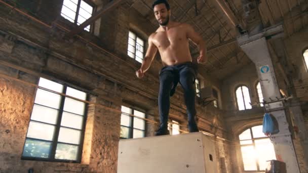 Mięśni Shirtless zmieścić człowiek energicznie pole skacze w Hardcore siłowni, część z jego krzyż Fitness Plan szkoleń. Człowiek jest Sweaty z intensywnym treningu / ćwiczeń, siłownia jest w malowniczej okolicy opuszczone fabryki. — Wideo stockowe