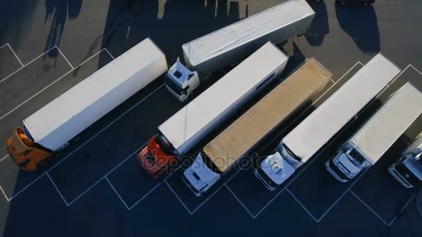 Letecký Top pohled na bílé Semi Truck s nákladním přívěsem parkoviště s jinými kamiony na zvláštním parkovišti.