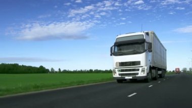 Yolun iki tarafında alanları ile otoyolda hız beyaz yarı kamyon kargo römork ile sürücüler.