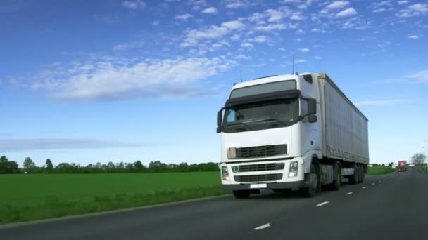 Speeding White Semi Truck with Cargo Trailer Drives on the Highway with Fields by the Sides of the Road. — Stock Video