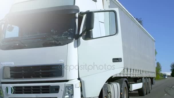 Sterownik dostaje zaparkowane biały pół ciężarówki z dołączona przyczepa Cargo. Kierowca stoi na środku drogi i krzyże ramion i patrzy w kamerę. — Wideo stockowe