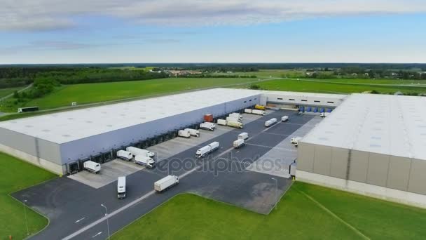 Tiro aéreo del almacén industrial / edificio de almacenamiento / área de carga donde muchos camiones están cargando / descargando mercancías . — Vídeo de stock