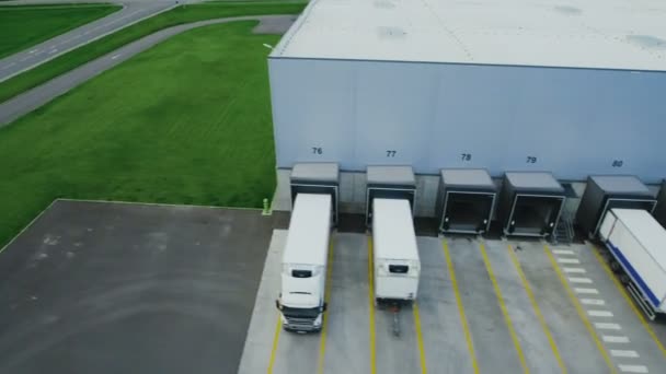 Hava yan atış, endüstriyel depo yükleme nerede birçok kamyon Dock ile yarı römork yük taşıma / Unload mal. — Stok video
