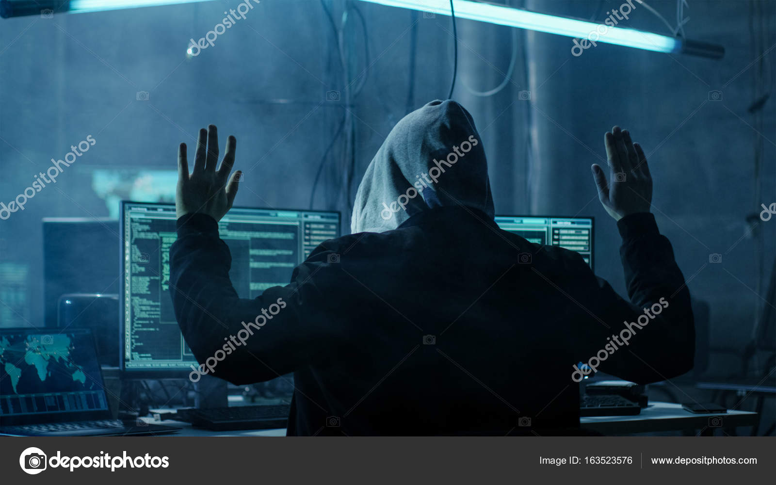 Hacker With Rised Handed He Is Being Arrested Hideout Is Dark