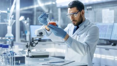 Bir modern laboratuvar gıda bilim adamı enjekte eder bir Syri ile domates