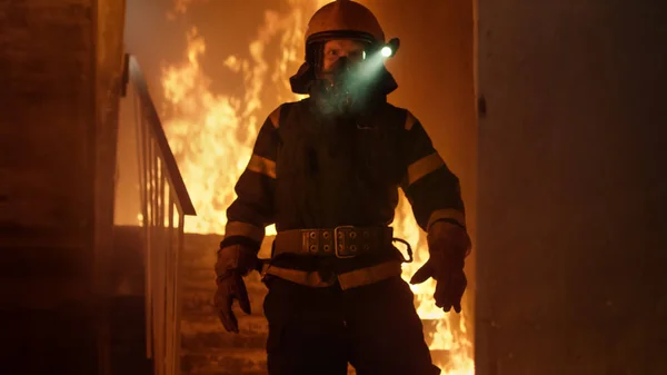 Modig brandman med påslagen med ficklampa på hans hjälm Stan — Stockfoto