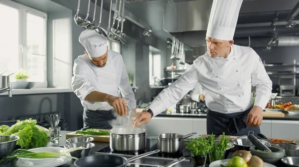 Dois Chefs famosos trabalham como uma equipe em uma cozinha grande do restaurante. Veg. — Fotografia de Stock