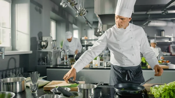 O famoso chef de restaurante leva e coloca peixes em uma panela quente. Ele trabalha — Fotografia de Stock