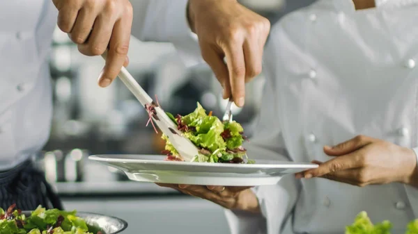 En un famoso restaurante Cook prepara ensalada y la pone en un plato —  Fotos de Stock