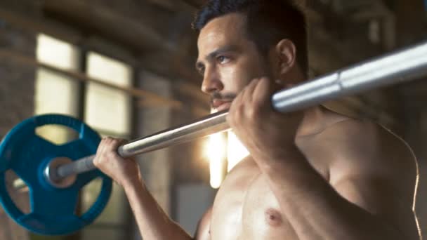 L'homme sans chemise musculaire soulève l'haltère lourde avec l'effort, fait des boucles de biceps / exercice de bodybuilding dans le bâtiment industriel de gymnase . — Video