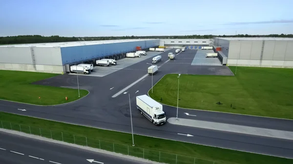 Aerial Shot of Truck with Attached Semi Trailer Leaving Industri — Stock Photo, Image