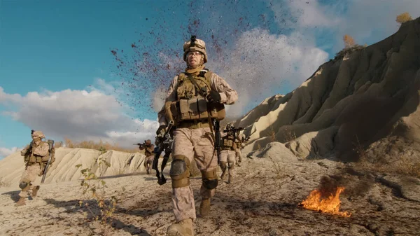 Shot of Fully Equipped Soldier Running Away From the Explosion. — Stock Photo, Image