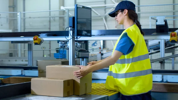 I lavoratori dell'ufficio postale di smistamento hanno messo scatole di cartone sul trasporto della cinghia — Foto Stock