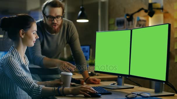 Vacker ung kvinna arbetar på en isolerad Mock-up grön skärm dator, sin skäggiga manliga kollega stöttar henne och gör konversation. De arbetar i en kreativ Loft Office. — Stockvideo