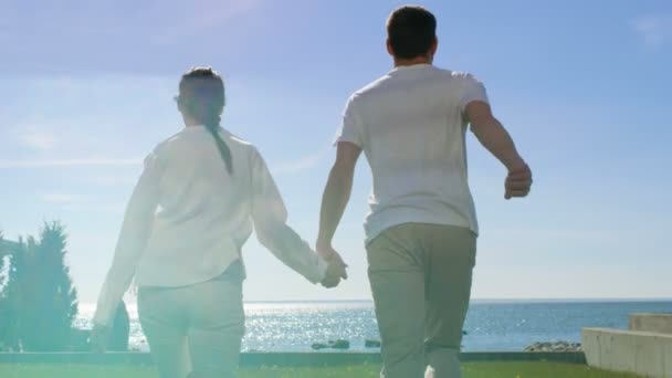 Op de mooie zomer dag gelukkig paar houden handen en blootsvoets lopen op het gras. Vóór hen zonnige blauwe hemel en zeezicht. — Stockvideo