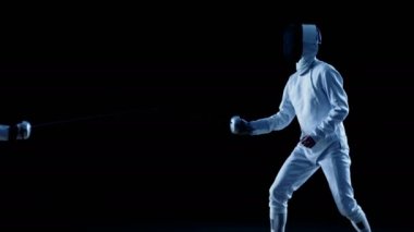 İki profesyonel eskrimcilerin göstermek ustaca kılıç onların folyo Fight. Bir eskrimci hızlı Fleche saldırı yapar. Soğuk tonları ve yavaş hareket ile siyah arka plan üzerine izole atış.