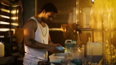 Yeraltı laboratuvarda, Hardcore satıcı Crystal Methaphetamine torba kutusuna daha fazla satış ve dağıtım için paketleri. Bindik kadar Windows ile terk edilmiş binada ağız kavgası.