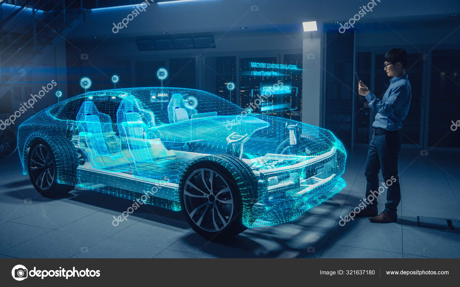 Automotive Engineer Using Digital Tablet Computer with Augmented Reality 3D  Software for 3D Car Model Design Analysis and Improvement. Futuristic  Facility: Virtual Design with Mixed Technology. Stock Photo by ©Gorodenkoff  321637180