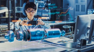 Akıllı Telefon ile Endüstriyel Mühendislik Çalışıyor Artırılmış Sanal Gerçeklik Projeksiyonunu kullanarak Elektrik Motor Prototipinin 3d Modeli. Sanal Karışık Gerçeklik Uygulamasının Geliştirilmesi.