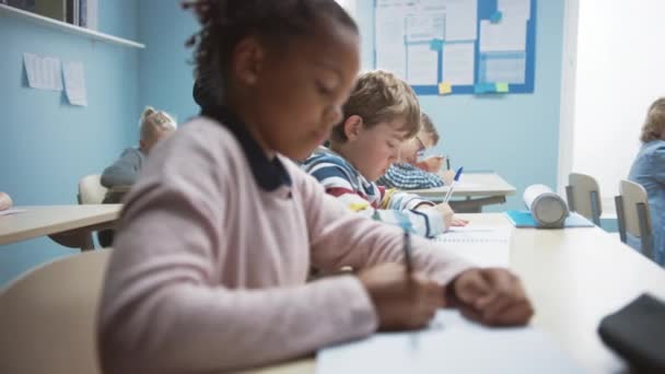 Dans la classe de l'école primaire : L'enseignant enthousiaste marche entre les rangées d'enfants brillants et diversifiés, dicte la leçon. Group of Smart Multiethnic Kids Writing in Exercise Notebooks. Motion lente — Video