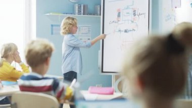 İlköğretim Okulu Bilim Sınıfı: Şirin Genç Öğrenci, Sınıf arkadaşlarıyla dolu bir sınıfa yenilenebilir enerjinin nasıl çalıştığını göstermek için etkileşimli dijital beyaz tahta kullanıyor. Fen dersi, Meraklı Çocuklar Dinliyor