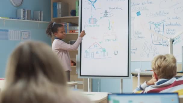 Elementary School Science Class: Nettes Mädchen nutzt interaktives digitales Whiteboard, um einem Klassenzimmer voller Klassenkameraden zu zeigen, wie erneuerbare Energien funktionieren. Naturwissenschaftsunterricht, neugierige Kinder hören zu. Zeitlupe — Stockvideo