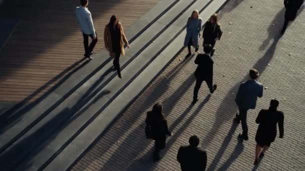 Gerentes de escritório e pessoas de negócios viajam para o trabalho pela manhã ou do escritório em um dia ensolarado a pé. Os pedestres estão vestidos de forma inteligente. Dois homens de negócios apertam as mãos. Filmagem de cima . — Vídeo de Stock