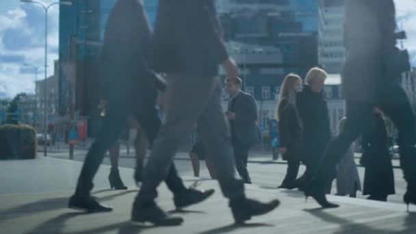 Divers gestionnaires de bureau et gens d'affaires multiculturels marchant dans une rue. Femme et Homme Rencontrez un partenaire corporatif à côté de Business Center et Shake Hands. L'action se reflète dans un mur de verre . — Video