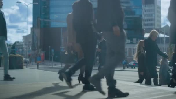 Multikulturális sokszínű irodavezetők és üzletemberek sétálnak az utcán. Nő és férfi találkozik egy vállalati partnerrel az üzleti központ és a Shake Hands mellett. A cselekvés tükröződik az üvegfalban. — Stock videók