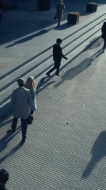 Ofis Yöneticileri ve İş Adamları Yüksek Açı Fotoğrafı Sabah İşe İşe Dönüş ya da Ayağında Güneşli Bir Gün 'de Ofisten. Dikey Ekran Yönelimli Video Görüntüsü 9: 16Smartphone.